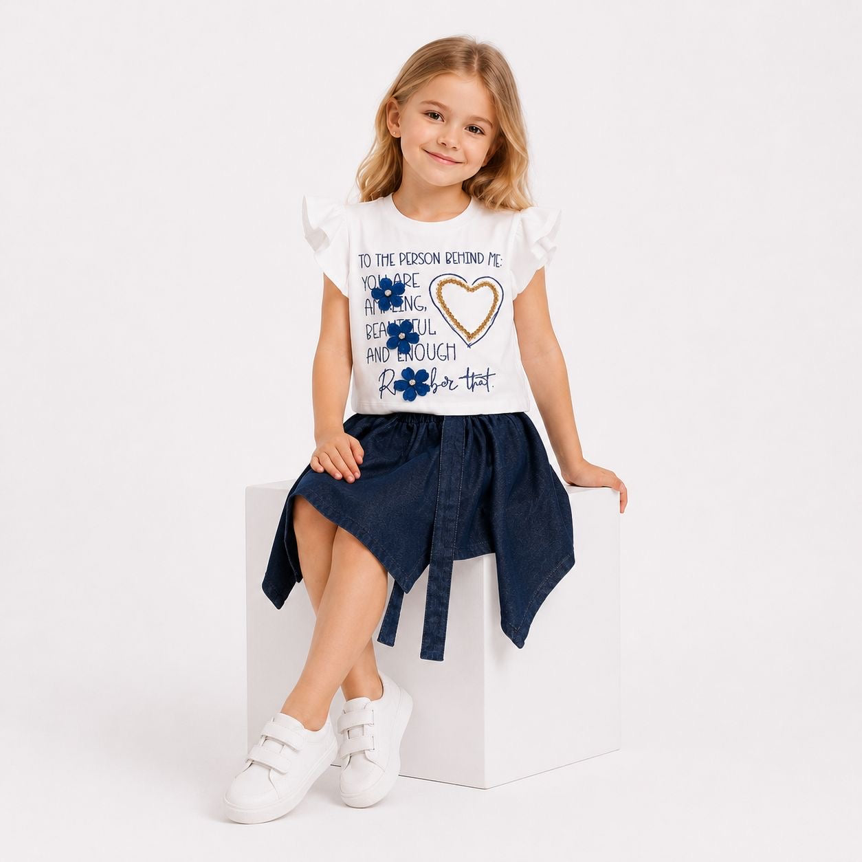 Girls'  2-piece set with a short-sleeve t-shirt and a short skirt.