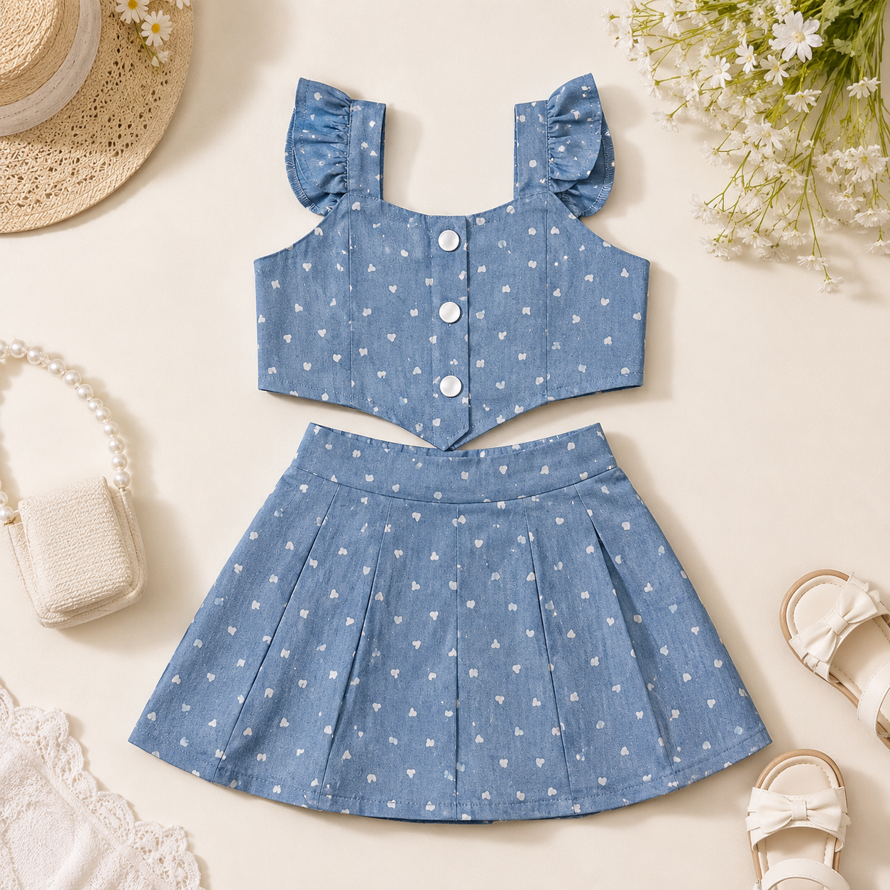 Girls" Hearts Top & Skirt Set