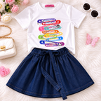 Girls" cute sleeveless top with puff sleeves and a matching pleated skirt set