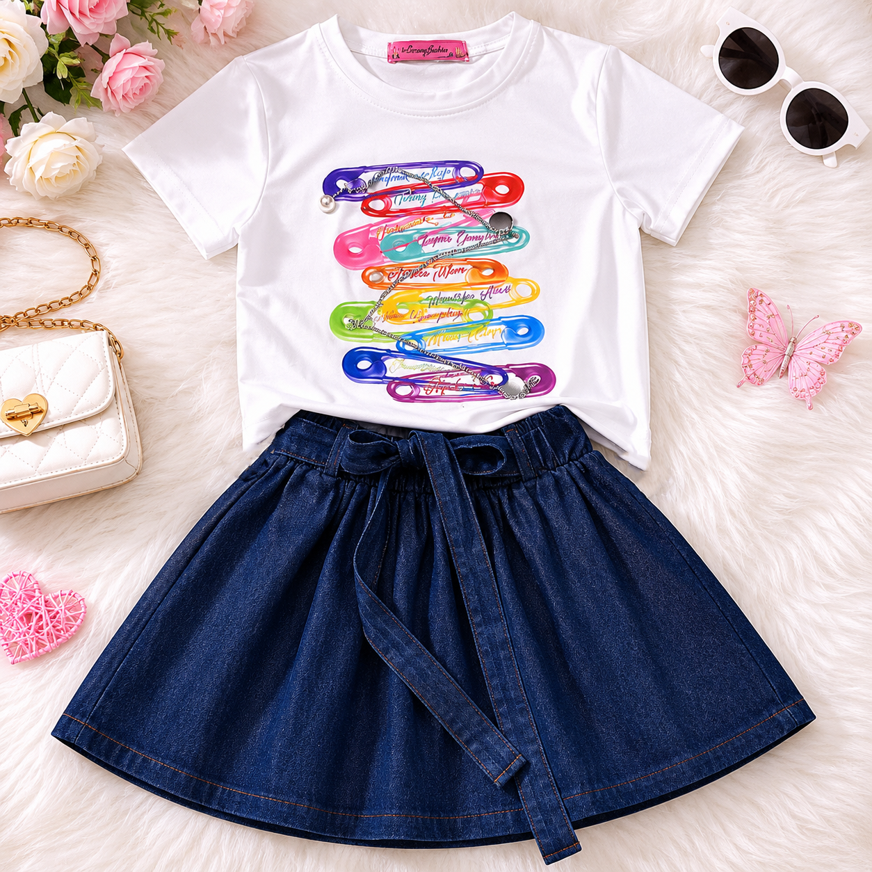 Girls" cute sleeveless top with puff sleeves and a matching pleated skirt set