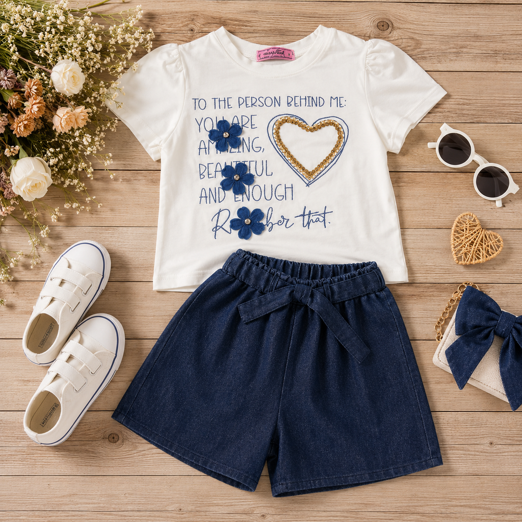 Girls'  2-piece set with a short-sleeve t-shirt and a short skirt.