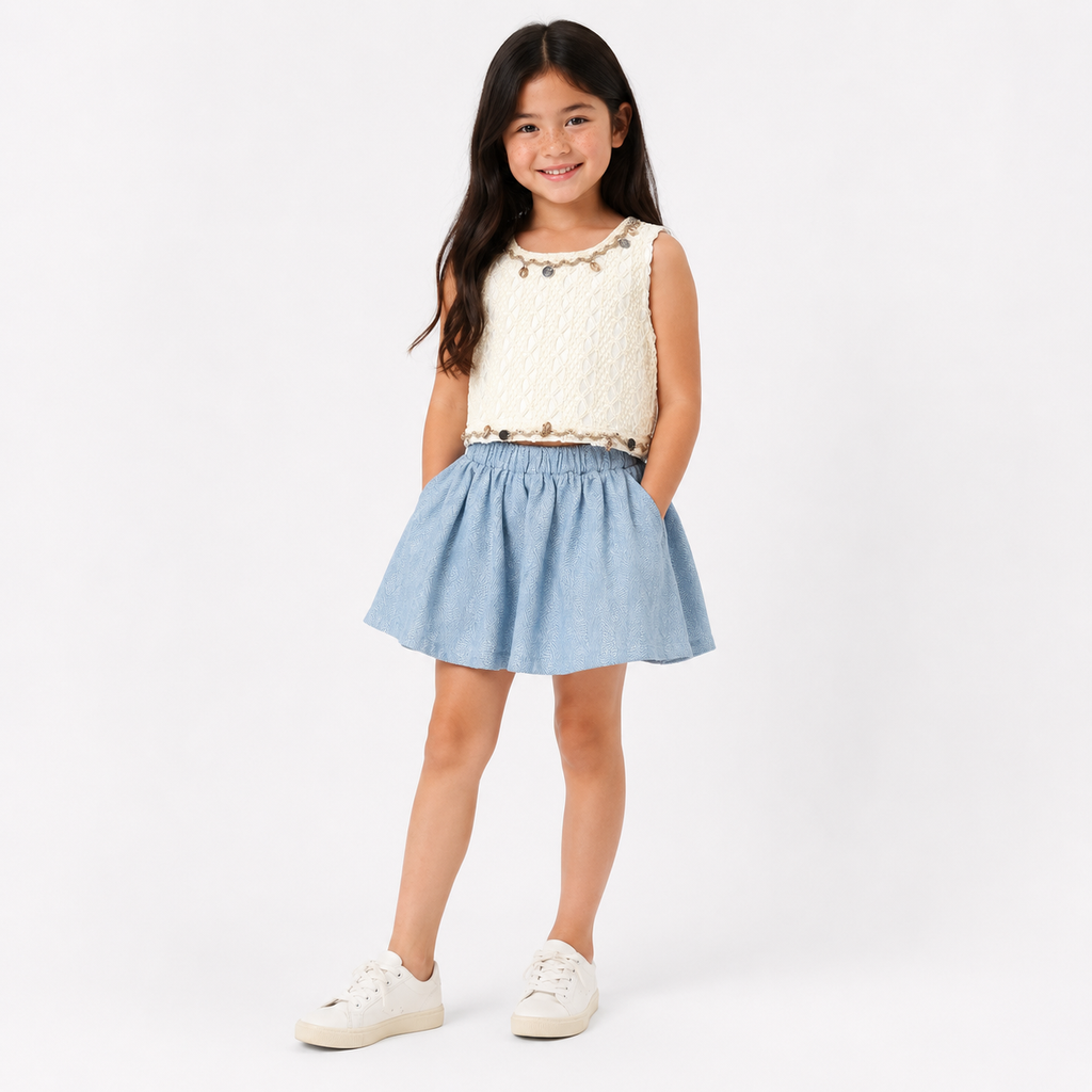 Girls'2-piece outfit featuring a short-sleeve top and a pleated short skirt Set.