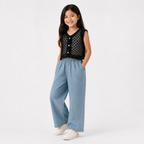 Girls'  3-piece set with a short-sleeve t-shirt and wide-leg jeans.