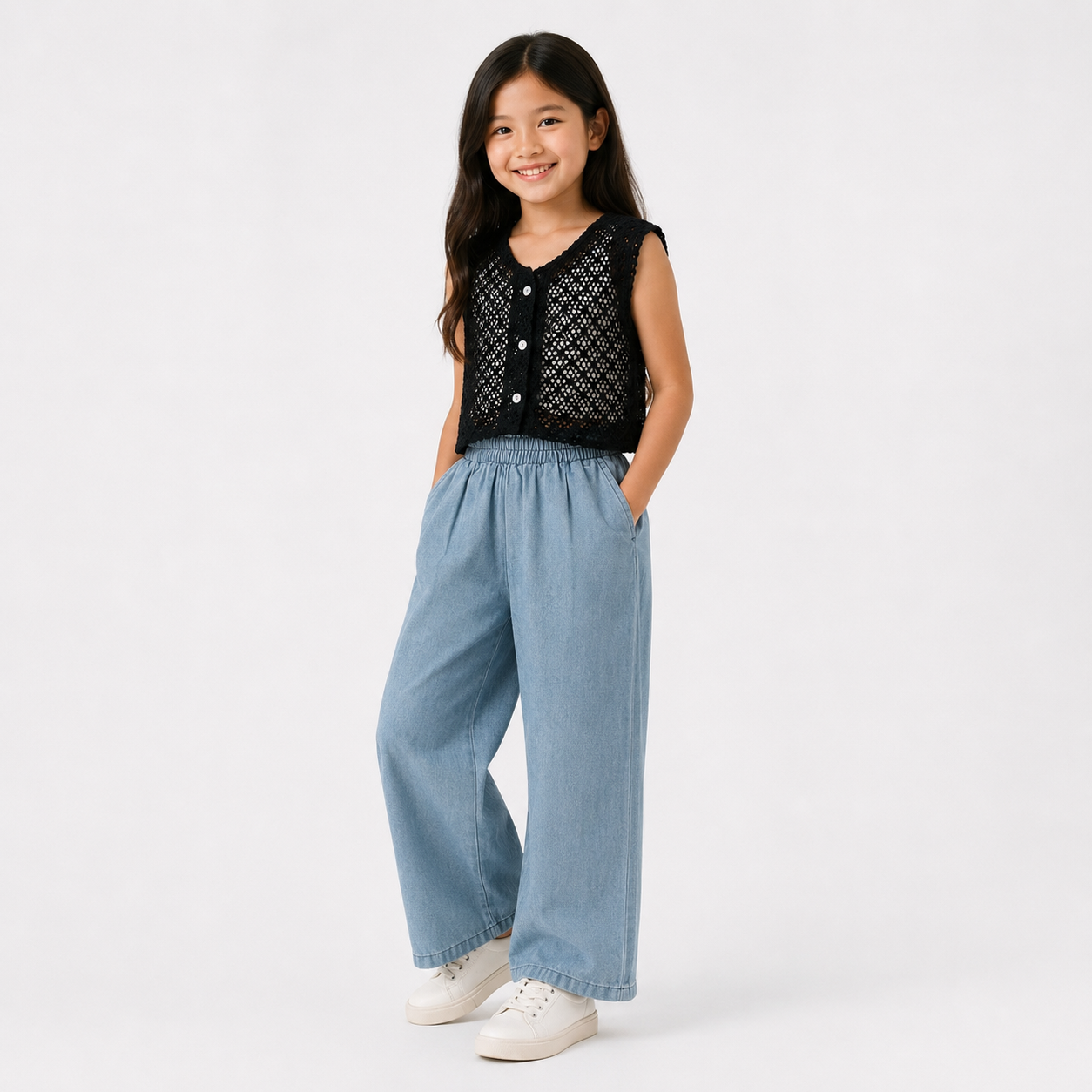 Girls'  3-piece set with a short-sleeve t-shirt and wide-leg jeans.