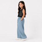 Girls'  3-piece set with a short-sleeve t-shirt and wide-leg jeans.
