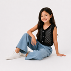 Girls'  3-piece set with a short-sleeve t-shirt and wide-leg jeans.
