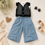 Girls'  3-piece set with a short-sleeve t-shirt and wide-leg jeans.