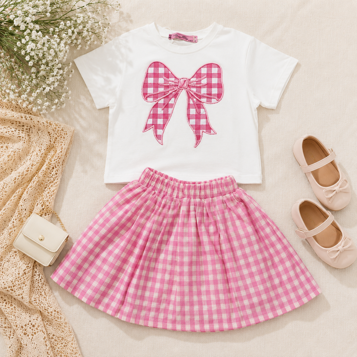 Girls' Cute Pink T-Shirt & Skirt Set