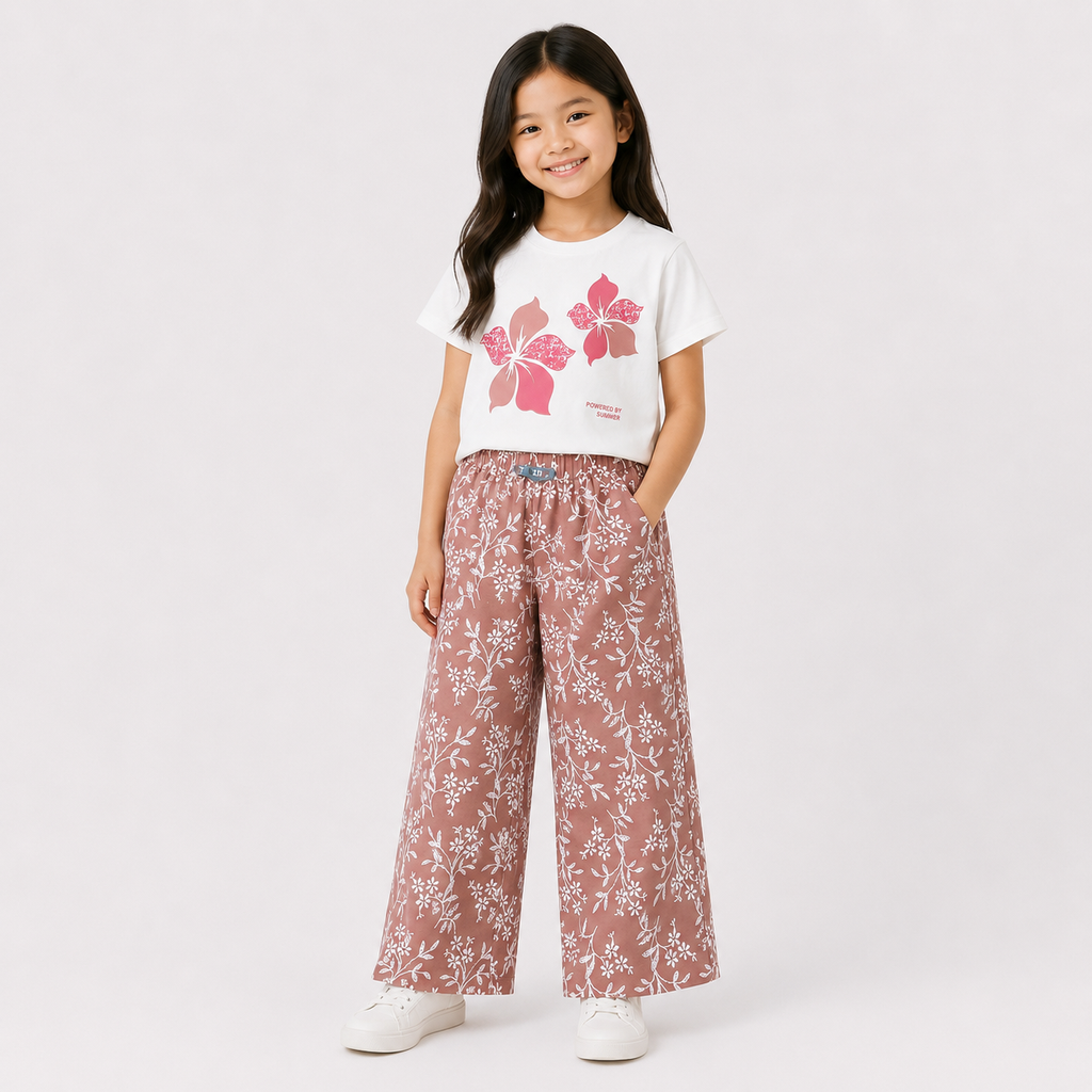 Girls'  2-piece set with a short-sleeve t-shirt and wide-leg pants