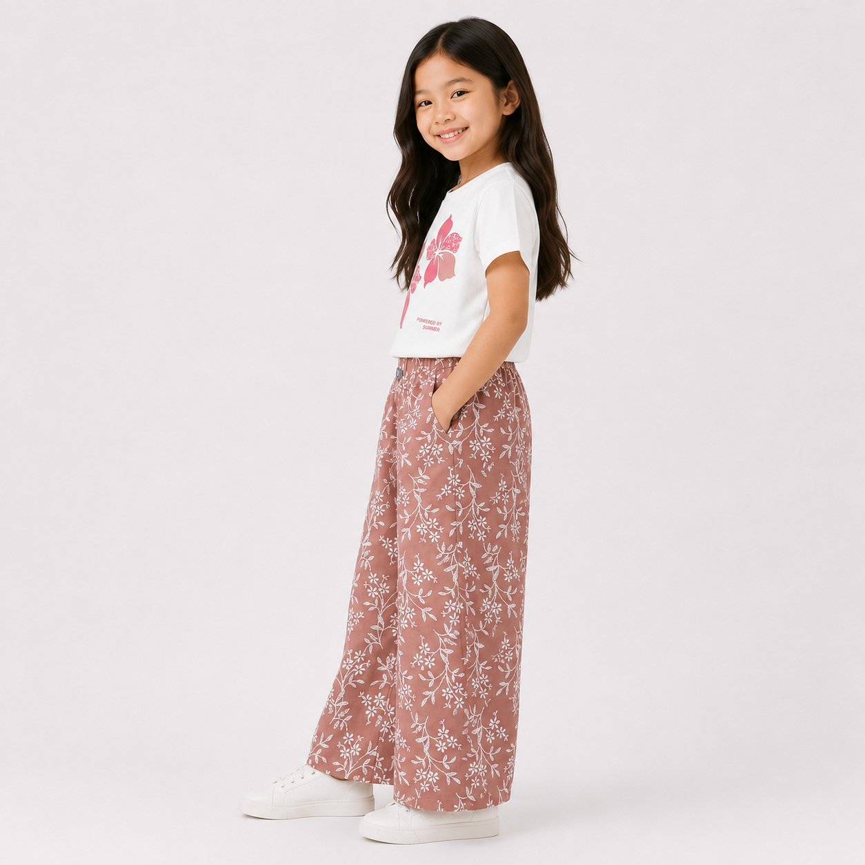 Girls'  2-piece set with a short-sleeve t-shirt and wide-leg pants