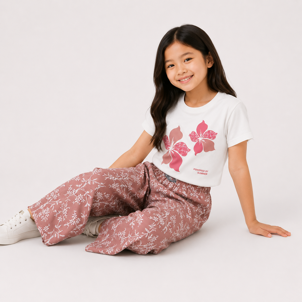 Girls'  2-piece set with a short-sleeve t-shirt and wide-leg pants