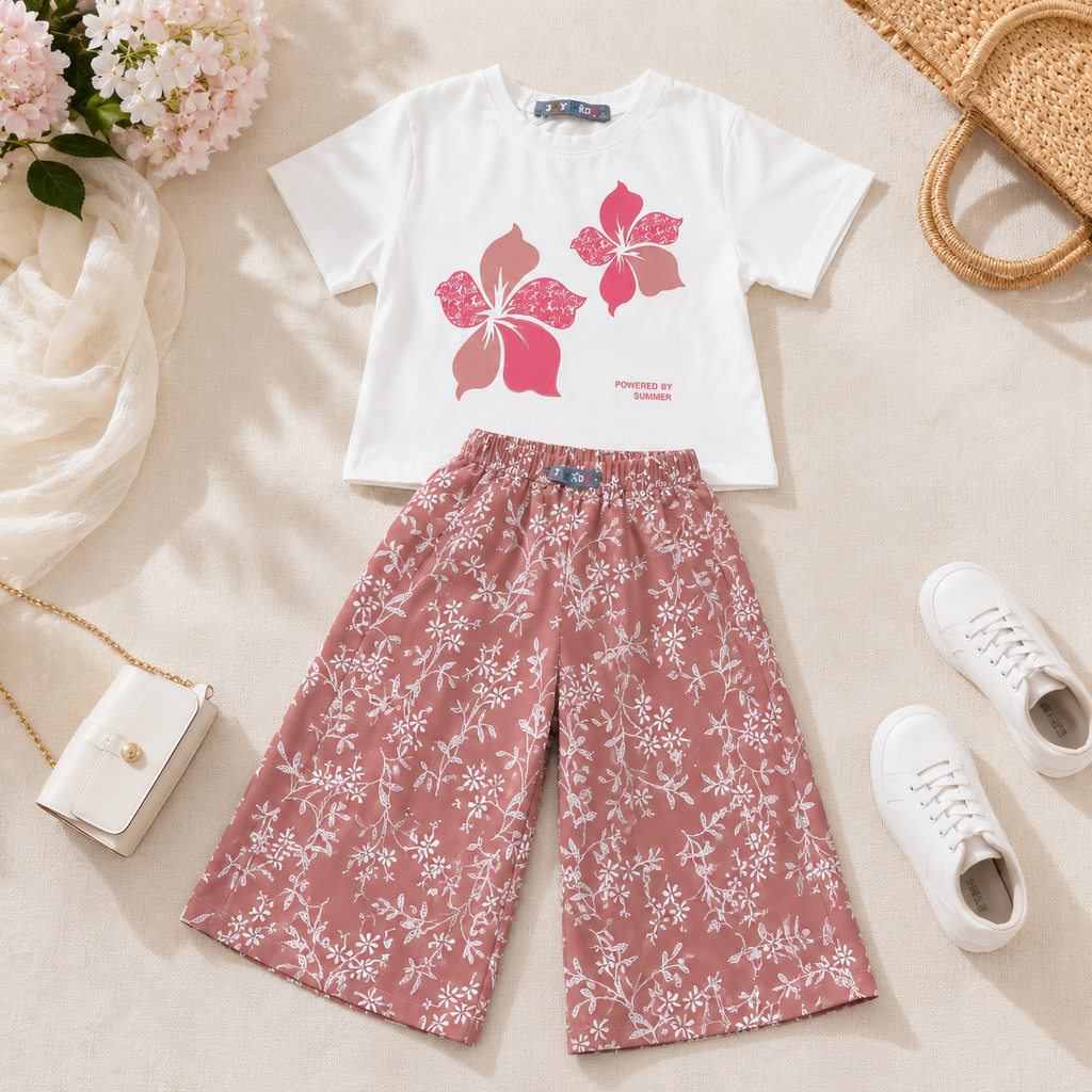 Girls'  2-piece set with a short-sleeve t-shirt and wide-leg pants