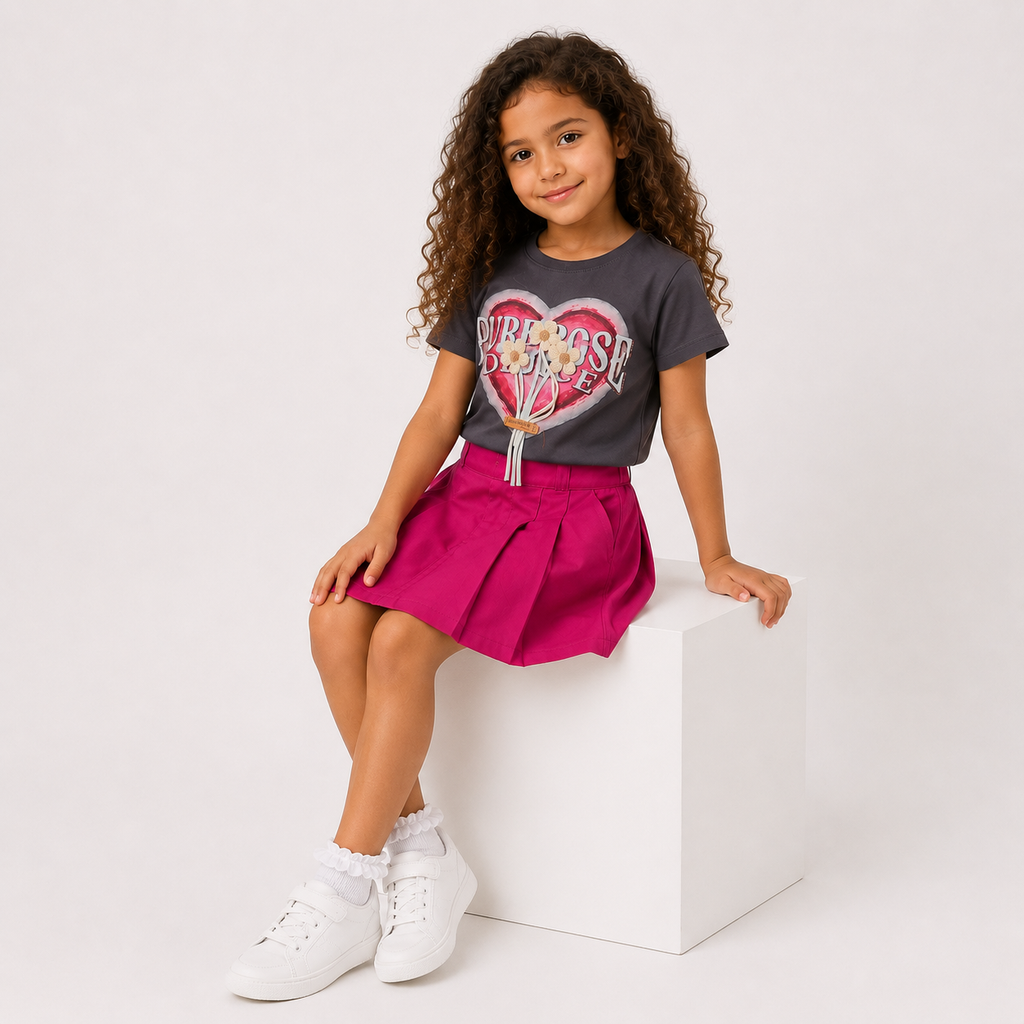 Girls' Printed Heart T-Shirt & Skirt set