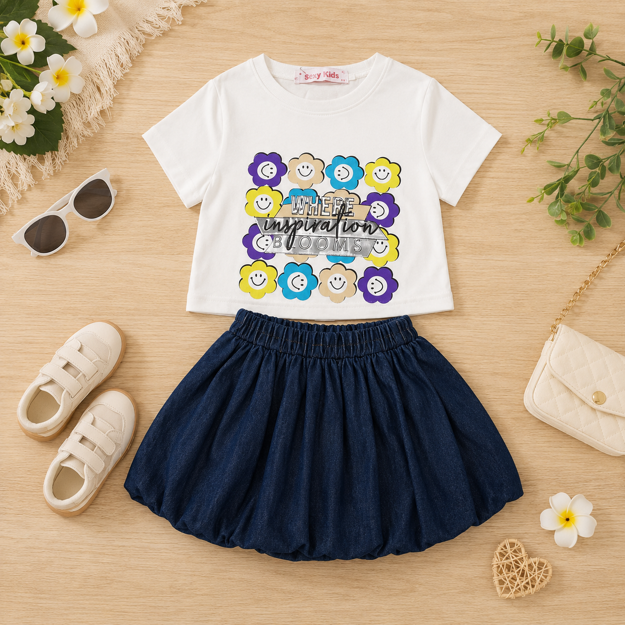 Girls' 2-piece set with a short-sleeve t-shirt and  skirt set