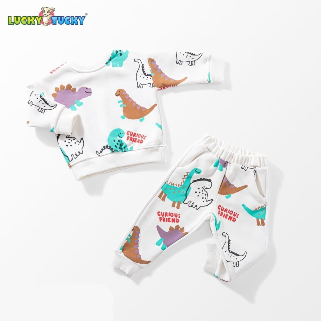 Kids Cotton Pajama Set with Dinosaur Print – White