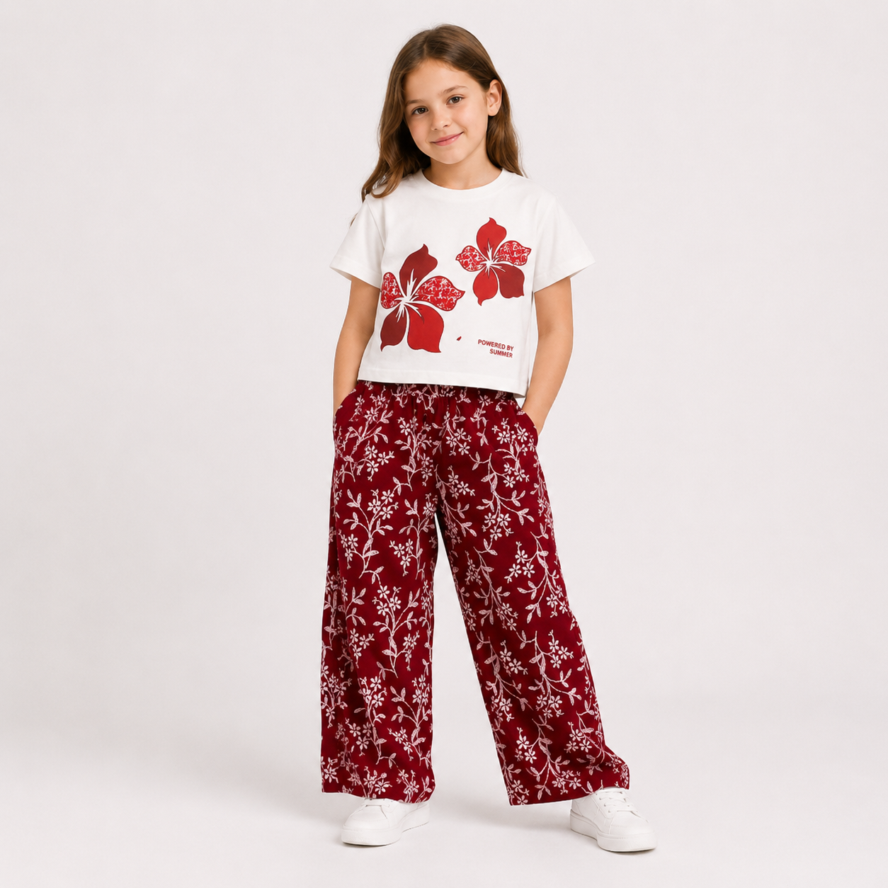 Girls'  2-piece set with a short-sleeve t-shirt and wide-leg pants