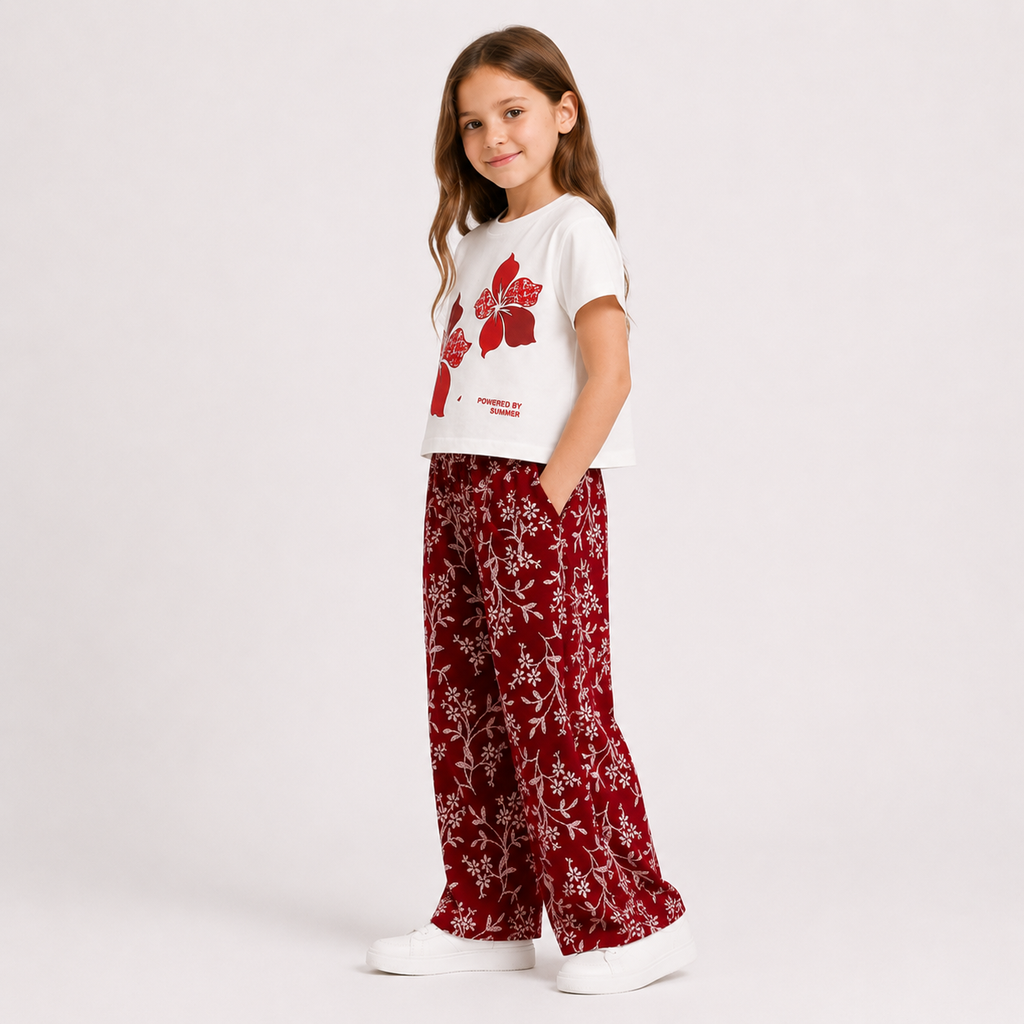Girls'  2-piece set with a short-sleeve t-shirt and wide-leg pants