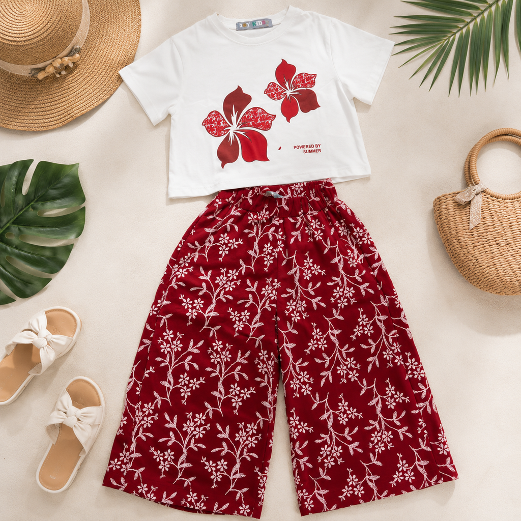 Girls'  2-piece set with a short-sleeve t-shirt and wide-leg pants