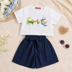 Girls' Casual denim overalls with a striped long-sleeve t-shirt Set