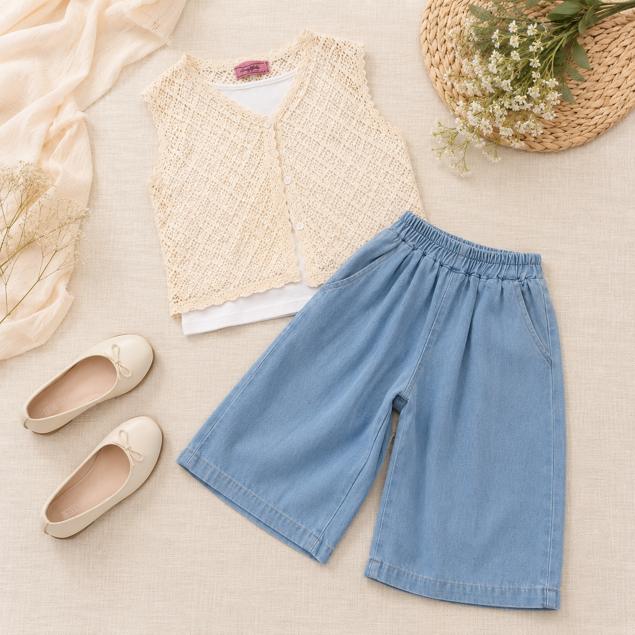 Girls'  3-piece outfit featuring a Top and wide-leg pants.