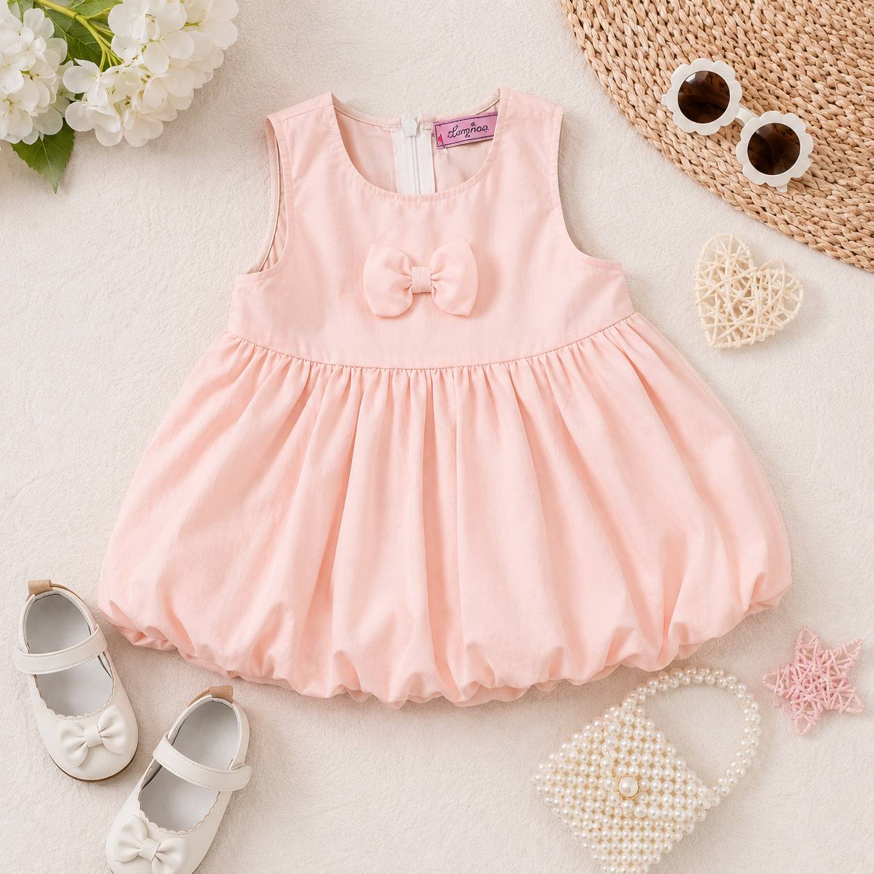 Girls' Cute  dress with a bow accent on the chest set