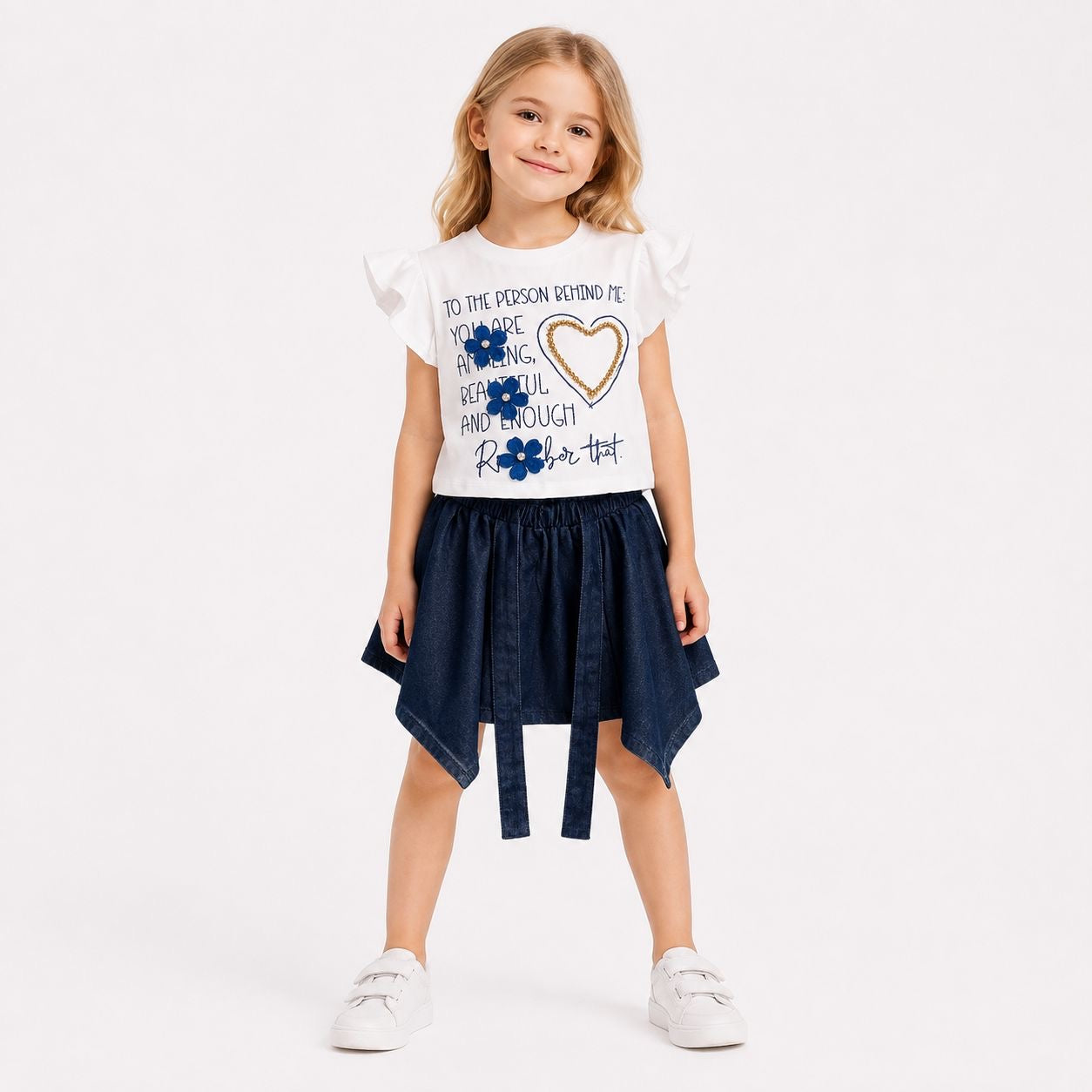 Girls'  2-piece set with a short-sleeve t-shirt and a short skirt.