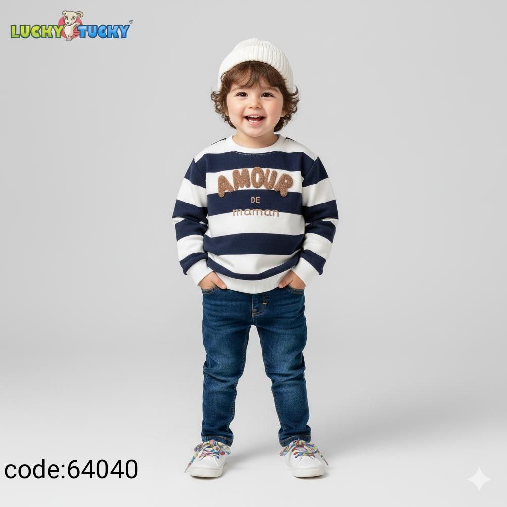 Kids Winter Striped Sweatshirt White & Navy with “Amour de Maman” Print – Long Sleeves