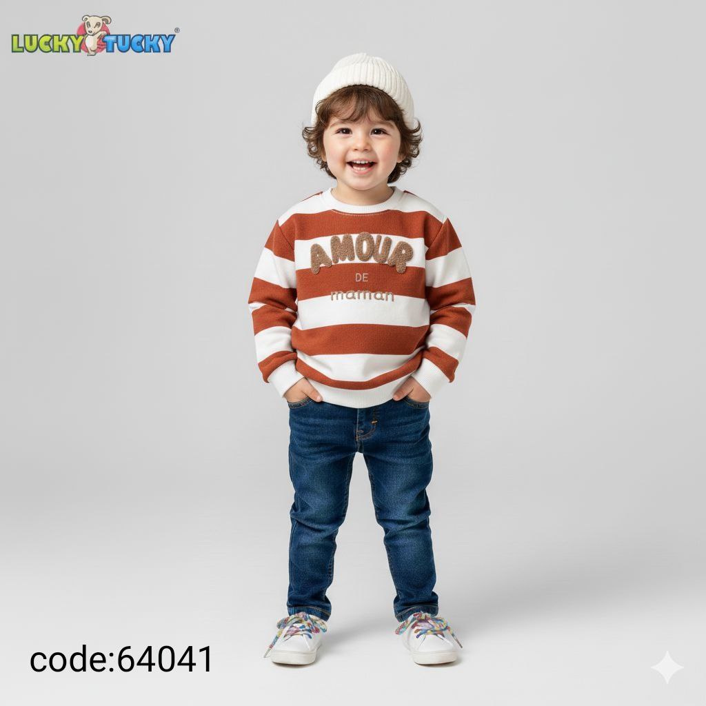 Kids Winter Striped Sweatshirt White & Navy with “Amour de Maman” Print – Long Sleeves