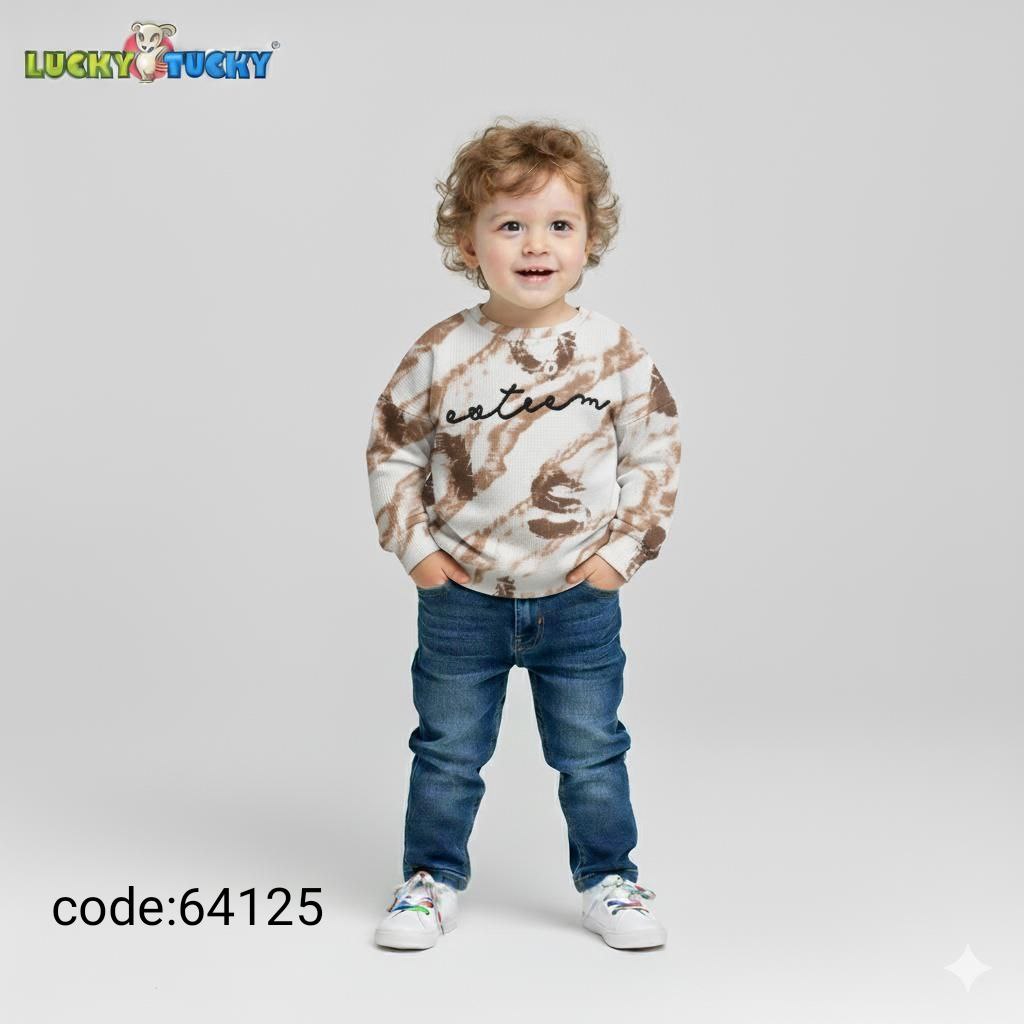 Kids Winter Sweatshirt with “Cute Team” Print – White & Brown
