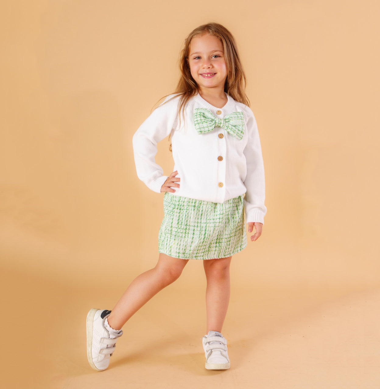 Girls Elegant White Cardigan with Green Skirt & Bow Set