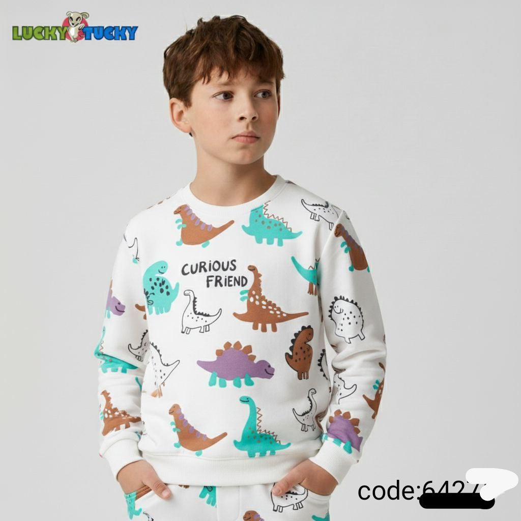 Kids Cotton Pajama Set with Dinosaur Print – White