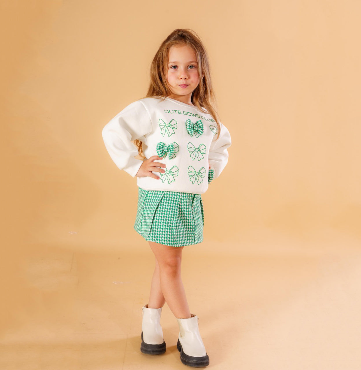 Girls Bow Detail Sweatshirt & Skirt Set – White & Green