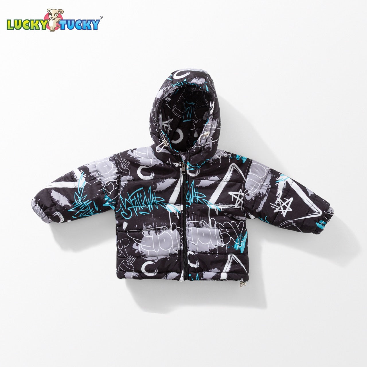 Kids Printed Puffer Jacket with Hood – Black & Blue