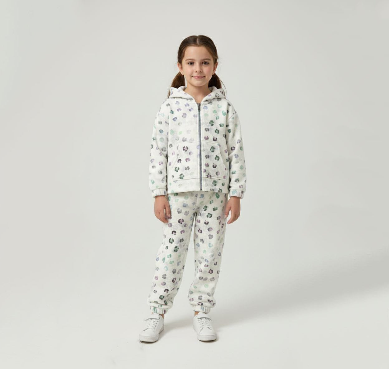 Girls Printed Hooded Tracksuit Set – Soft Neutral Tones