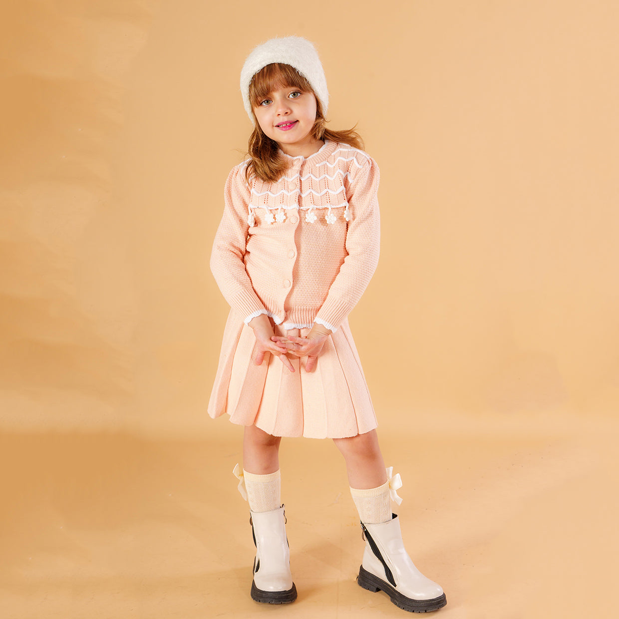 Girls Knitted Cardigan & Pleated Skirt Set