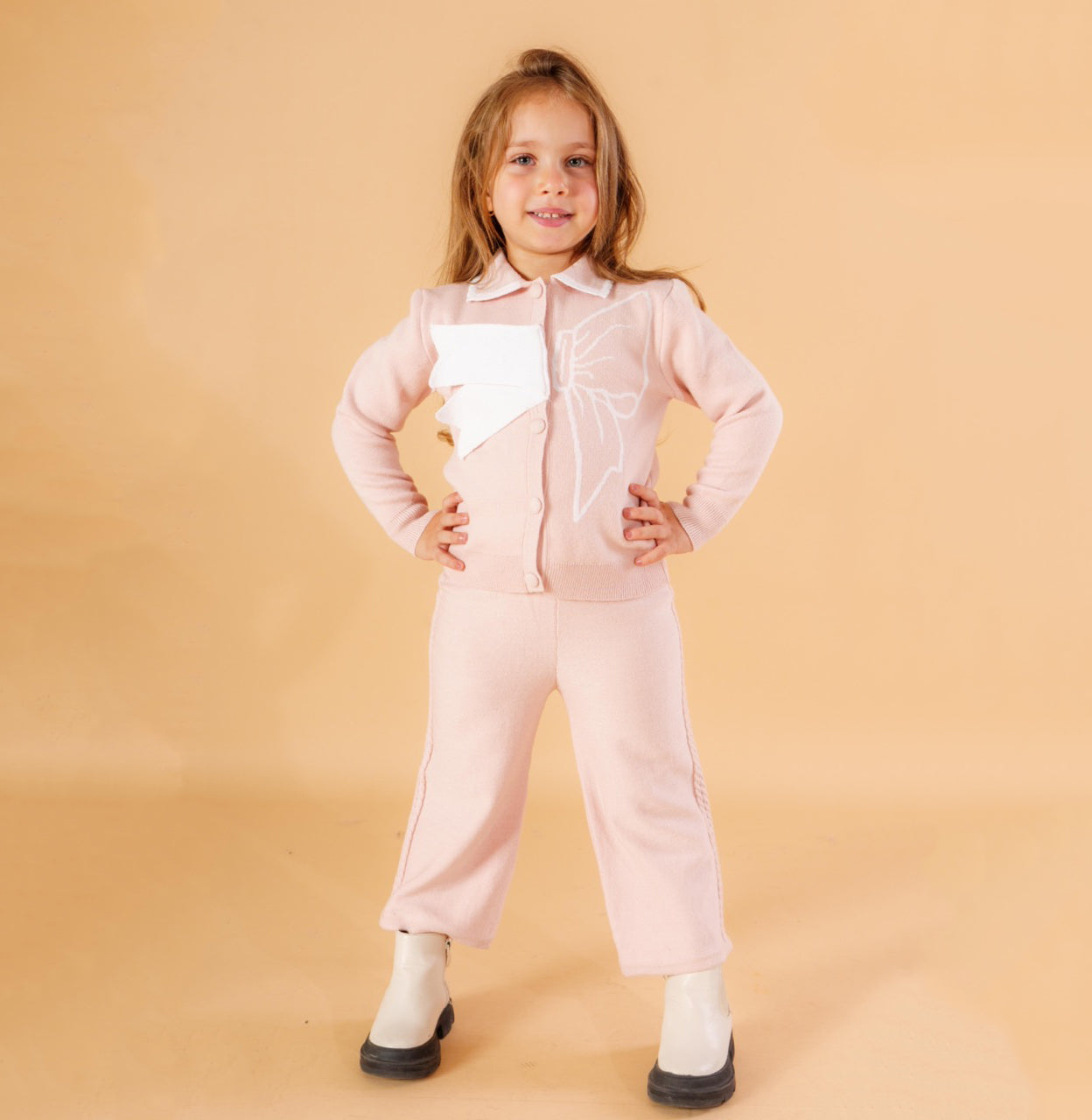 Girls Elegant Knit Cardigan & Pants Set – Soft Blush Pink