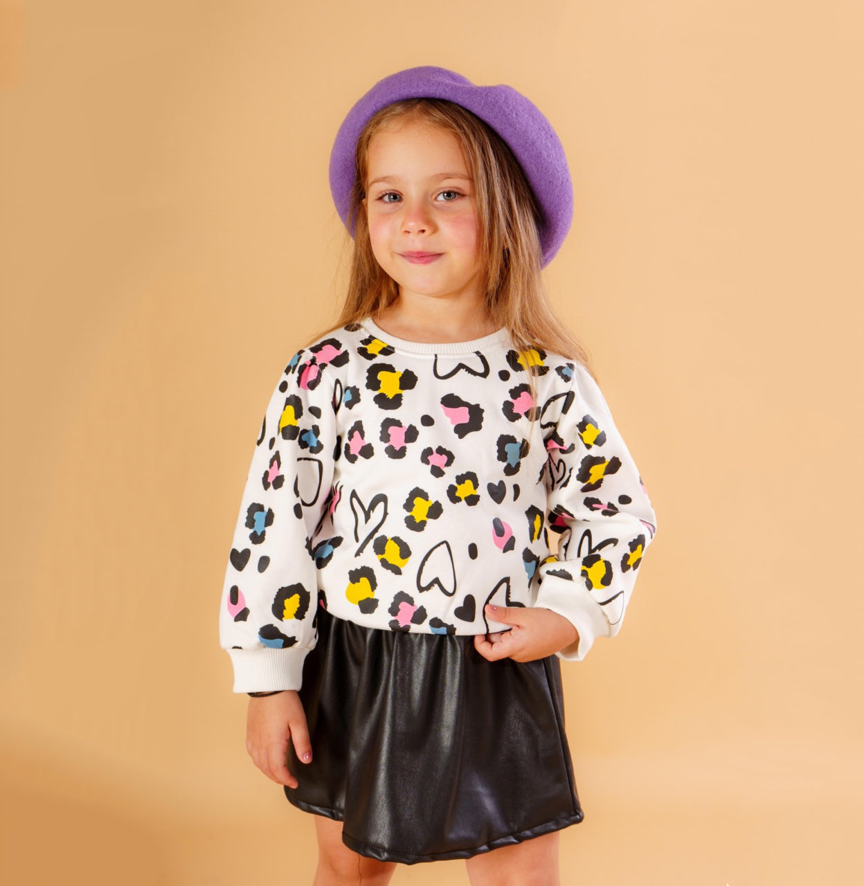 Girls Printed Sweatshirt with Faux Leather Skirt