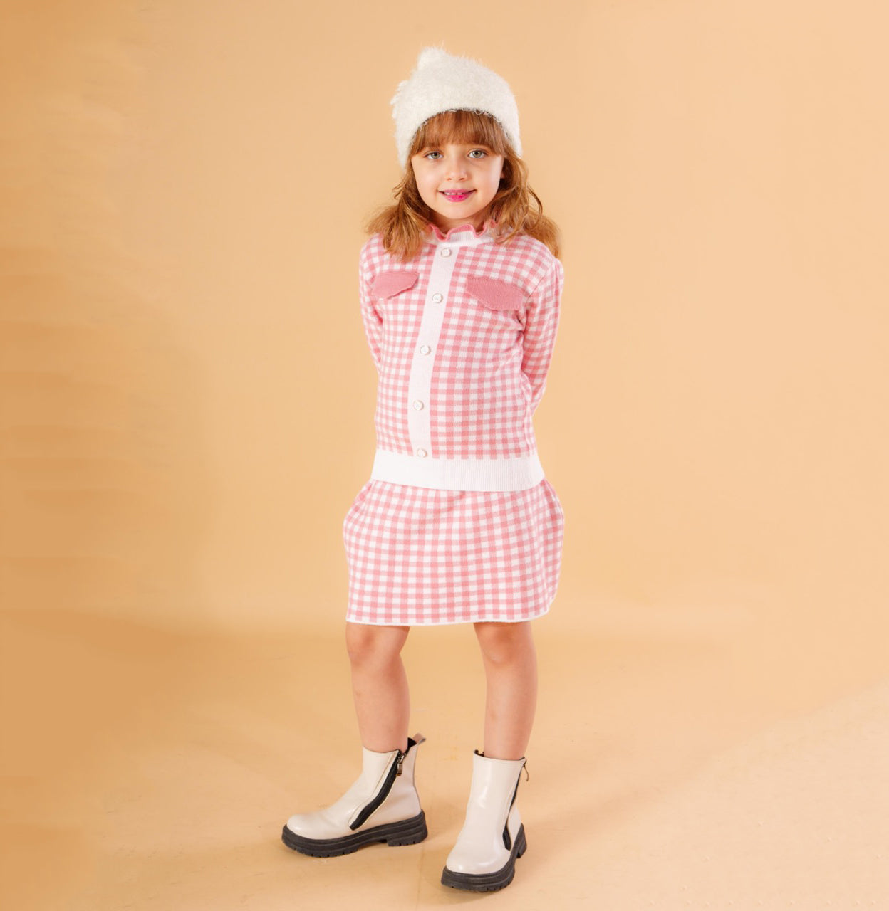 Girls Knitted Checkered Set with Skirt