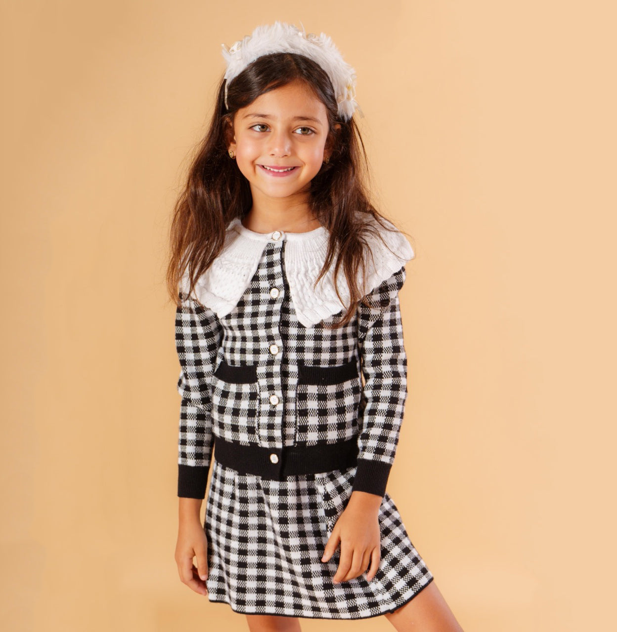 Girls Knitted Checkered Set with White Collar