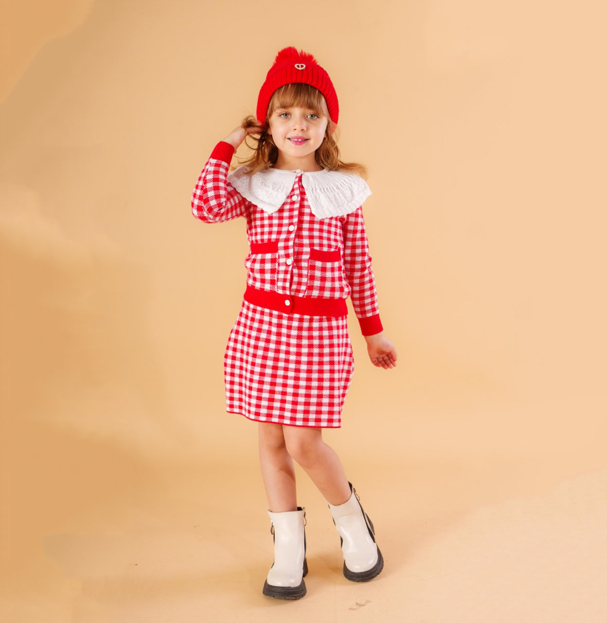 Girls Knitted Checkered Set with White Collar