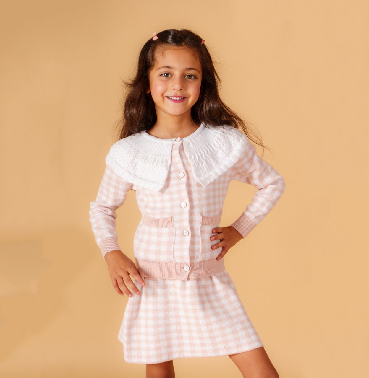 Girls Knitted Checkered Set with White Collar