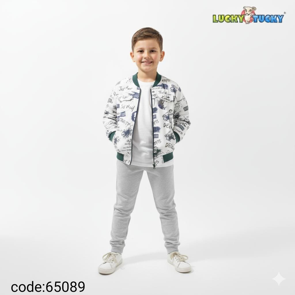 Boys Winter Jacket with Zipper – White & Green