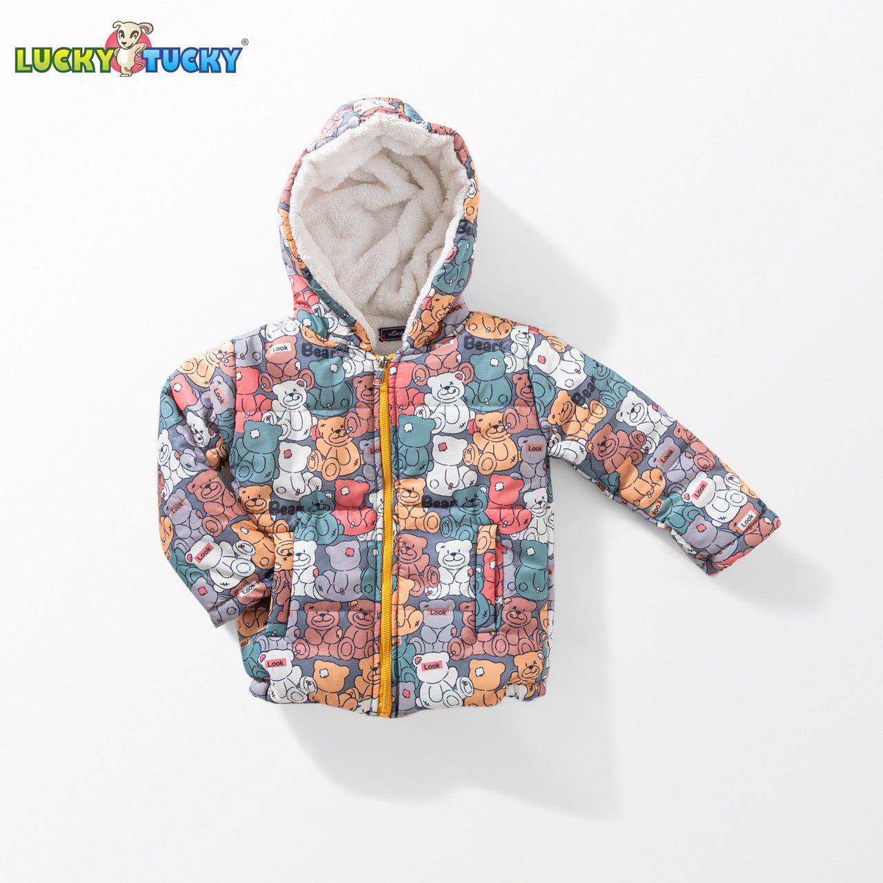 Kids Hooded Puffer Jacket with Teddy Bear Print