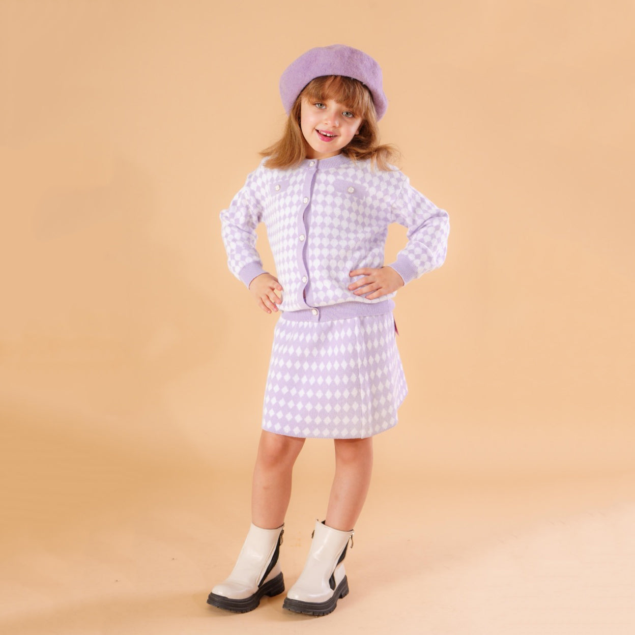 Girls Lavender Knitted Cardigan & Skirt Set