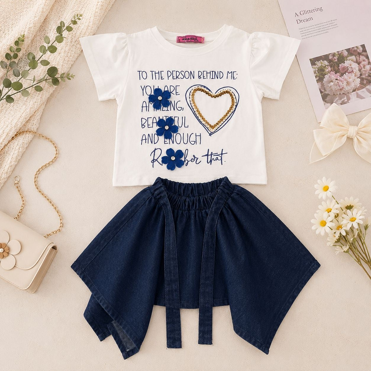 Girls'  2-piece set with a short-sleeve t-shirt and a short skirt.