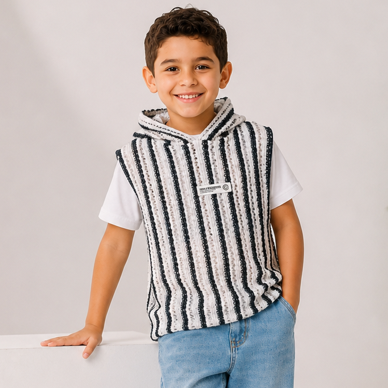 Boys' Striped Hooded Sleeveless Knit Top – Black & White
