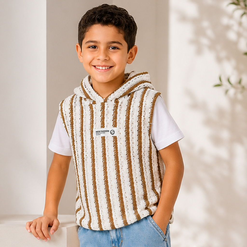 Boys' Striped Hooded Sleeveless Knit Top – Black & White