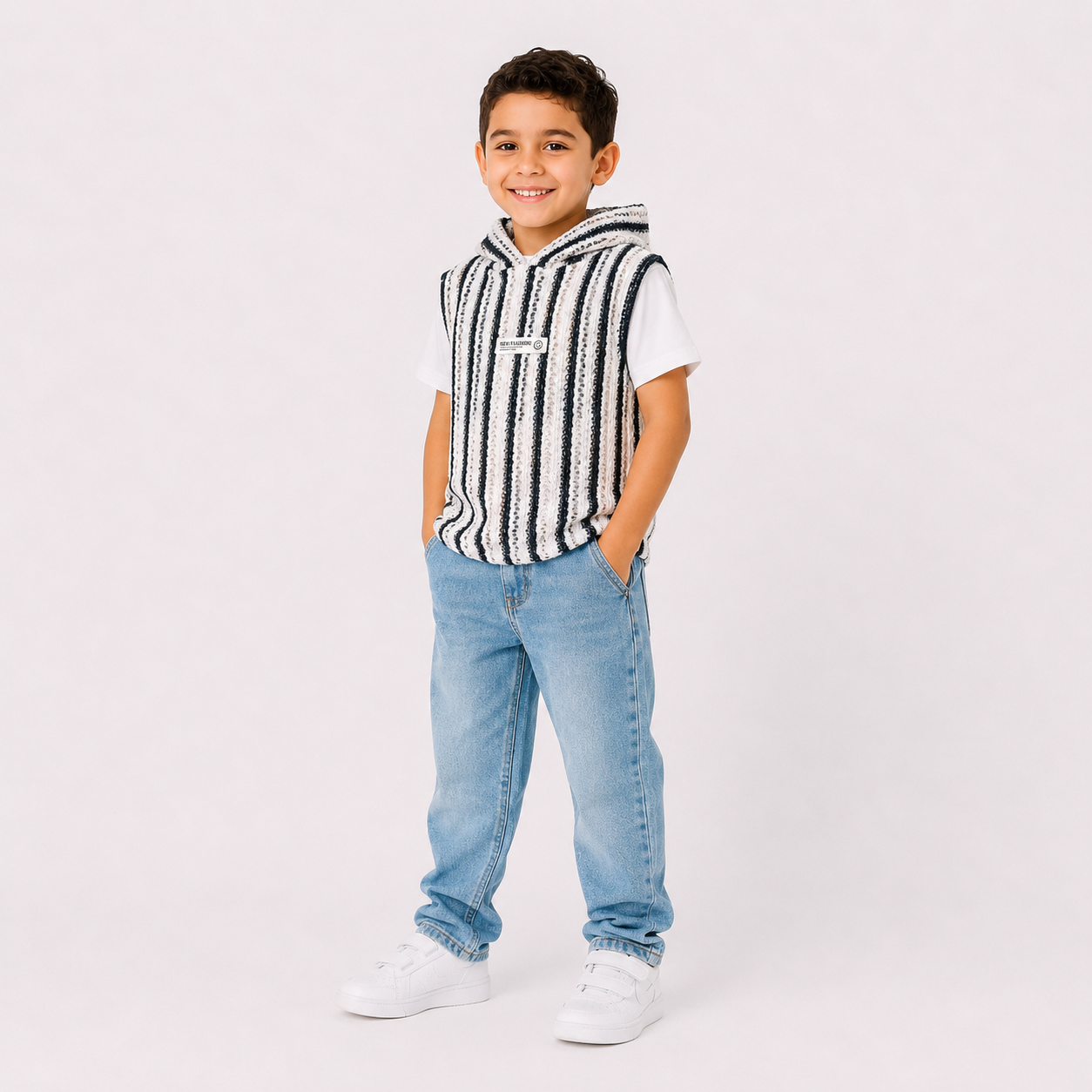 Boys' Striped Hooded Sleeveless Knit Top – Black & White