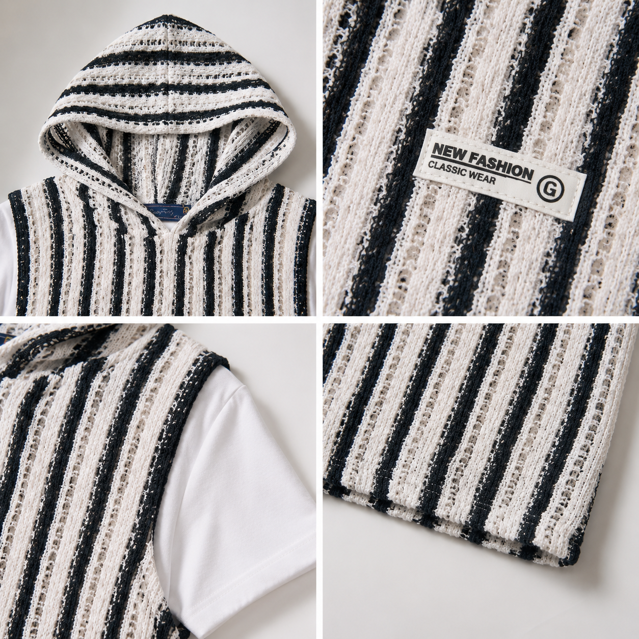 Boys' Striped Hooded Sleeveless Knit Top – Black & White