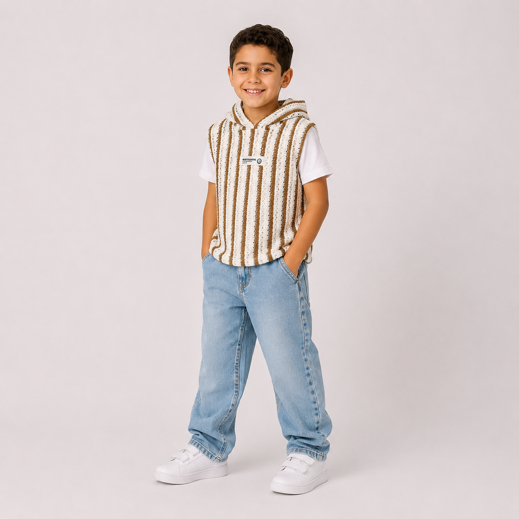 Boys' Striped Hooded Sleeveless Knit Top – Black & White